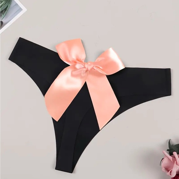 IZA Thong Second Skin Blush Pink Satin Bow Back Stretchy Smooth Black Panty‎ NEW - Picture 7 of 13